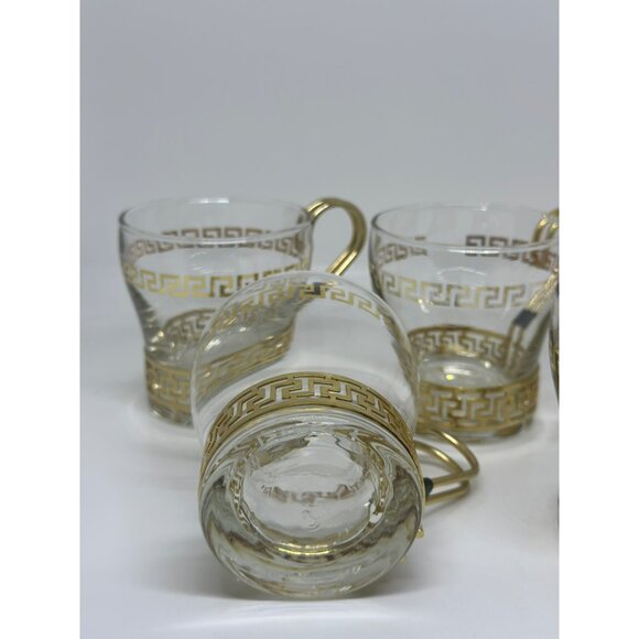 VTG Libbey Gold Greek Key Glass Coffee Cups – Set of 5 w/ Brass Holders 3” Retro - Picture 4 of 5